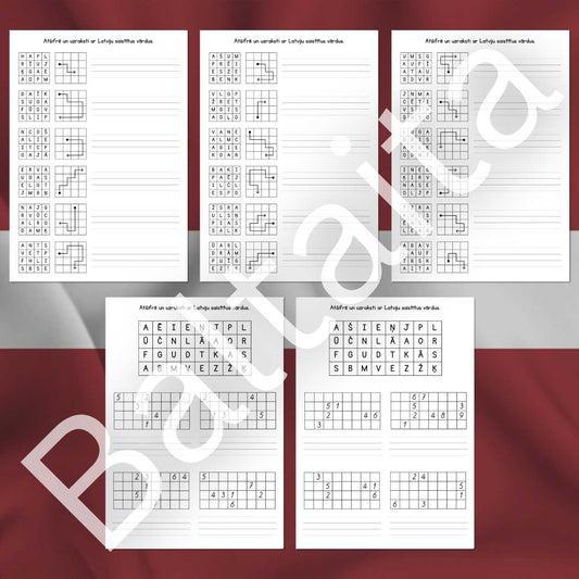 Fizisks mācību materiāls bērniem ar šifrēšanas uzdevumiem un līniju labirintiem Latvijas tematika