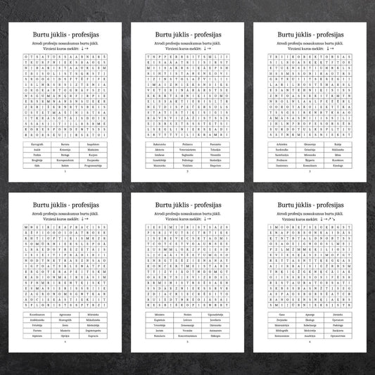Profesiju burtu jūklis - drukātas darba lapas ar 180 meklējamām profesijām