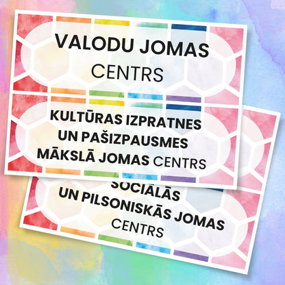 Drukāti mācību jomu centru nosaukumi pirmsskolai ar krāsainu dizainu, atbilstoši Skola 2030 vadlīnijām.