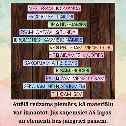Drukāts sienas dekors klasei Klasesbiedri ar krāsainiem uzrakstiem un noteikumiem.