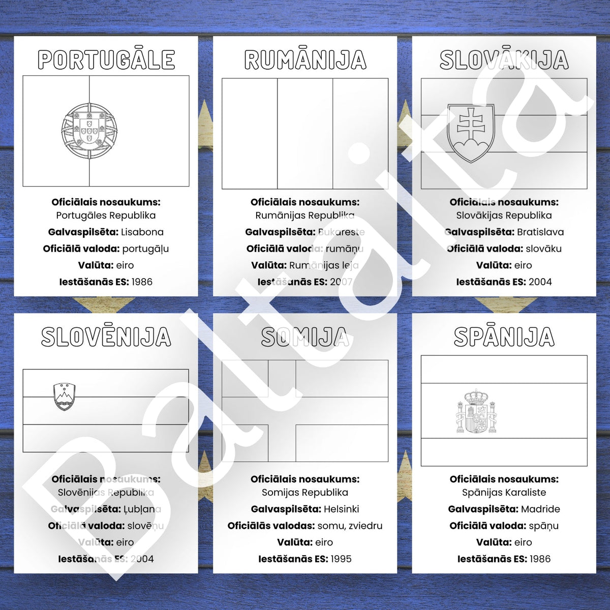 Eiropas Savienības valstu krāsojamie karogi un informācija ES valstu informācija baltaita mācību materiāli