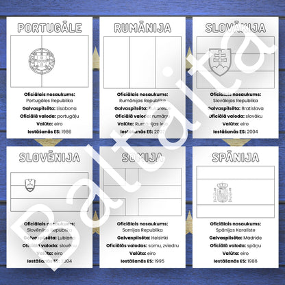 Eiropas Savienības valstu krāsojamie karogi un informācija ES valstu informācija baltaita mācību materiāli