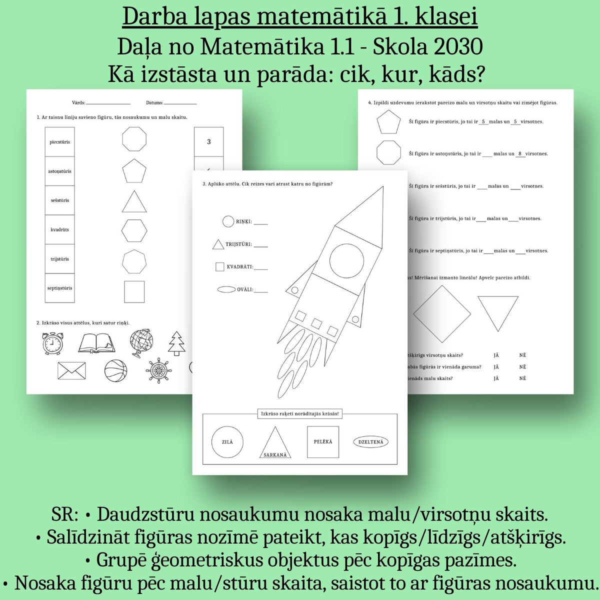 Matemātika 1.1 figūras - darba lapas ģeometrisko formu mācīšanai