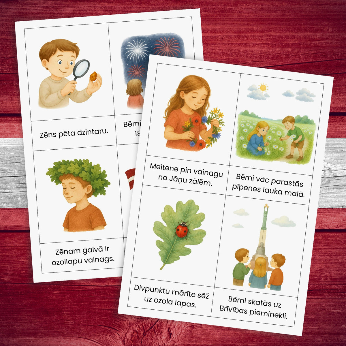 Lasīšanas kartītes ar teikumiem par Latviju un krāsainiem Latvijas attēliem