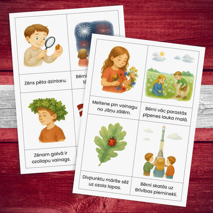 Lasīšanas kartītes ar teikumiem par Latviju un krāsainiem Latvijas attēliem