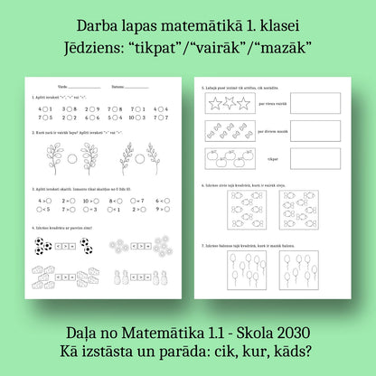 Matemātika 1.1 darba lapas - tikpat, vairāk vai mazāk uzdevumi bērniem