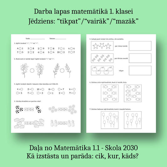 Matemātika 1.1 darba lapas - tikpat, vairāk vai mazāk uzdevumi bērniem