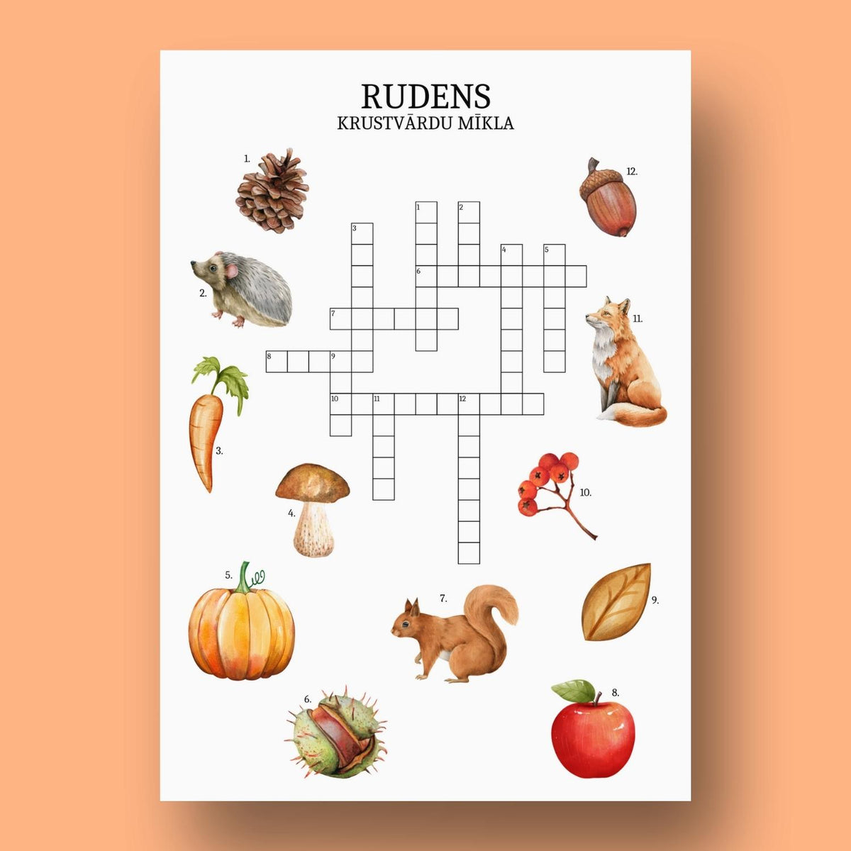 Rudens krustvārdu mīkla bērniem - uzdevums ar 12 rudens vārdiem