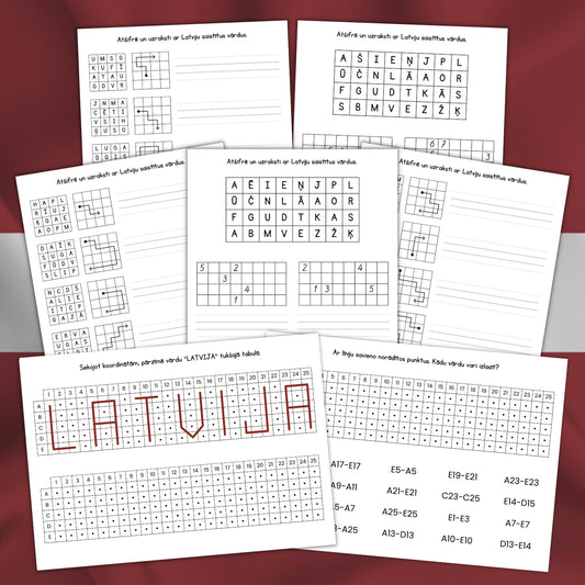 Drukātas darba lapas ar vārdu atšifrēšanas un dekodēšanas uzdevumiem par Latvijas pilsētām, upēm un ezeriem