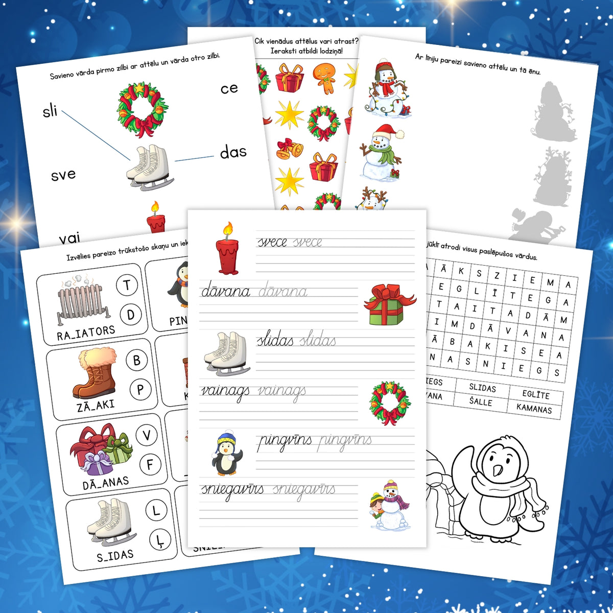 Drukātas darba lapas bērniem ar ziemas uzdevumiem, kuros iekļauta rakstīšana, skaitīšana un krāsošana svētku tematikā.