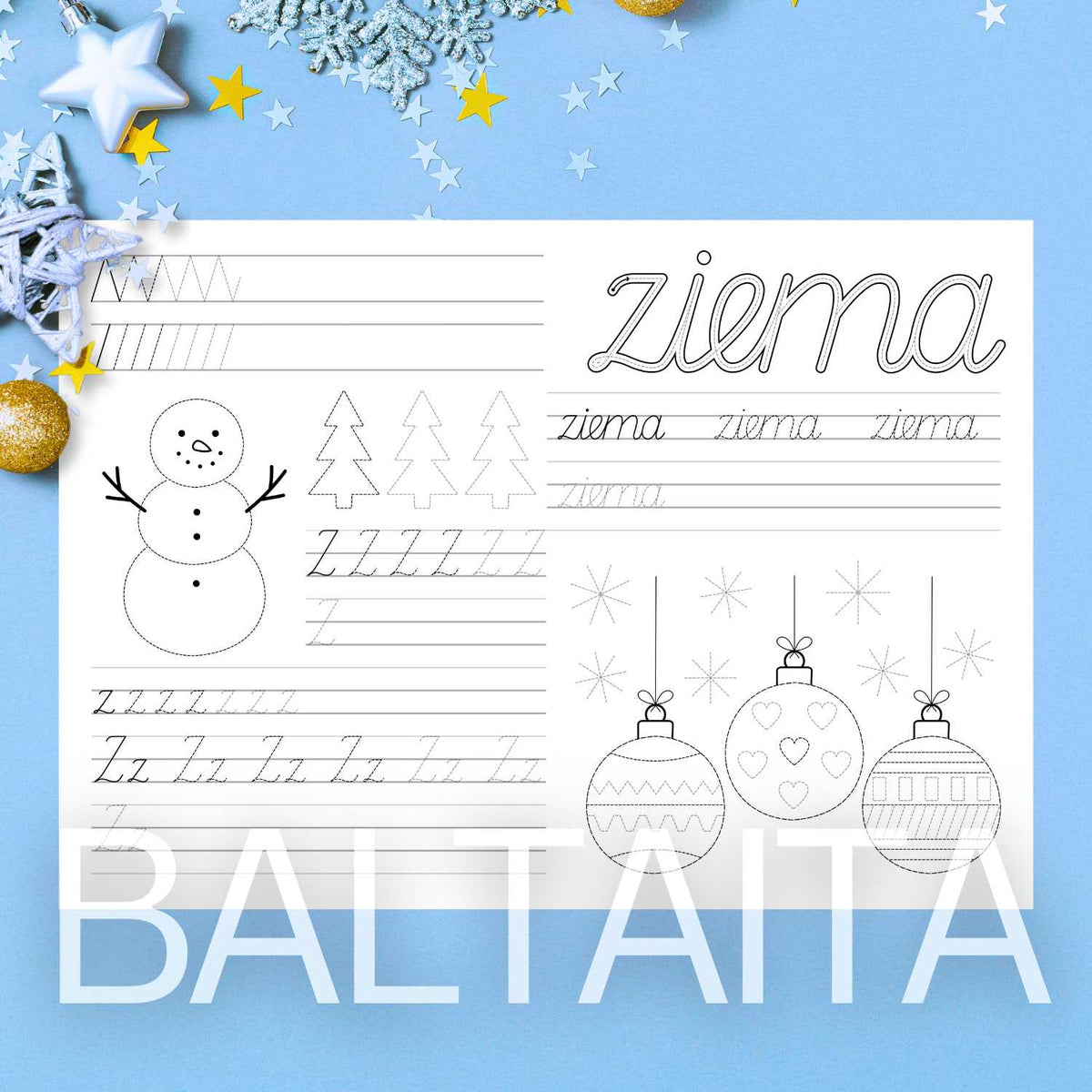 darba lapa rakstīšanai ziemas tematikā baltaita