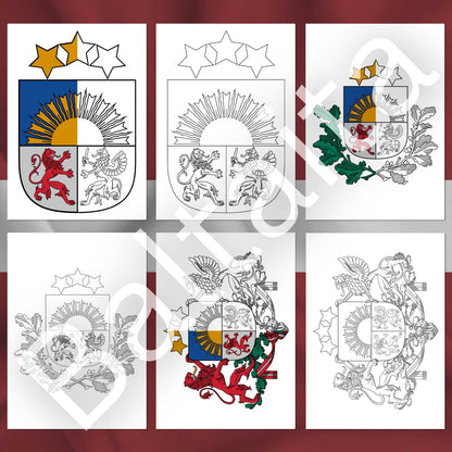 Gatavas krāsojamās lapas ar dažādu veidu Latvijas ģerboņiem un rakstītajiem burtiem