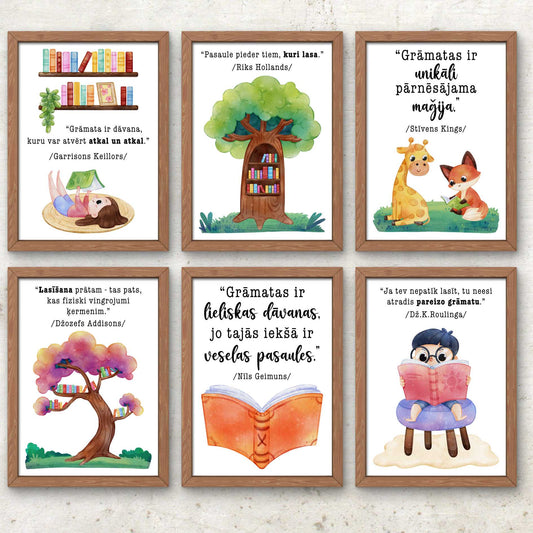 Krāsaini plakāti par lasīšanu, drukāts sienas dekors skolai vai pirmsskolai.