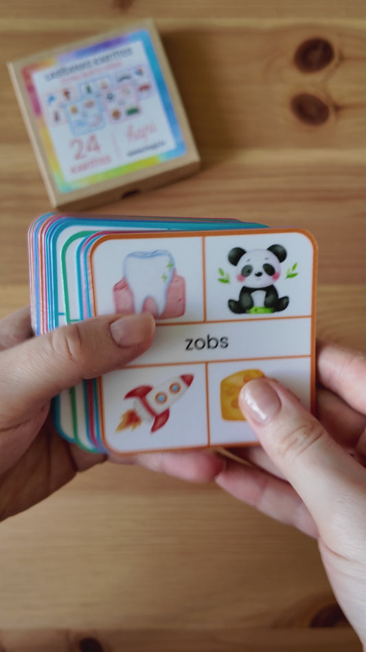24 laminētu lasīšanas kartīšu komplekts četru burtu vārdu lasīšanas vingrināšanai