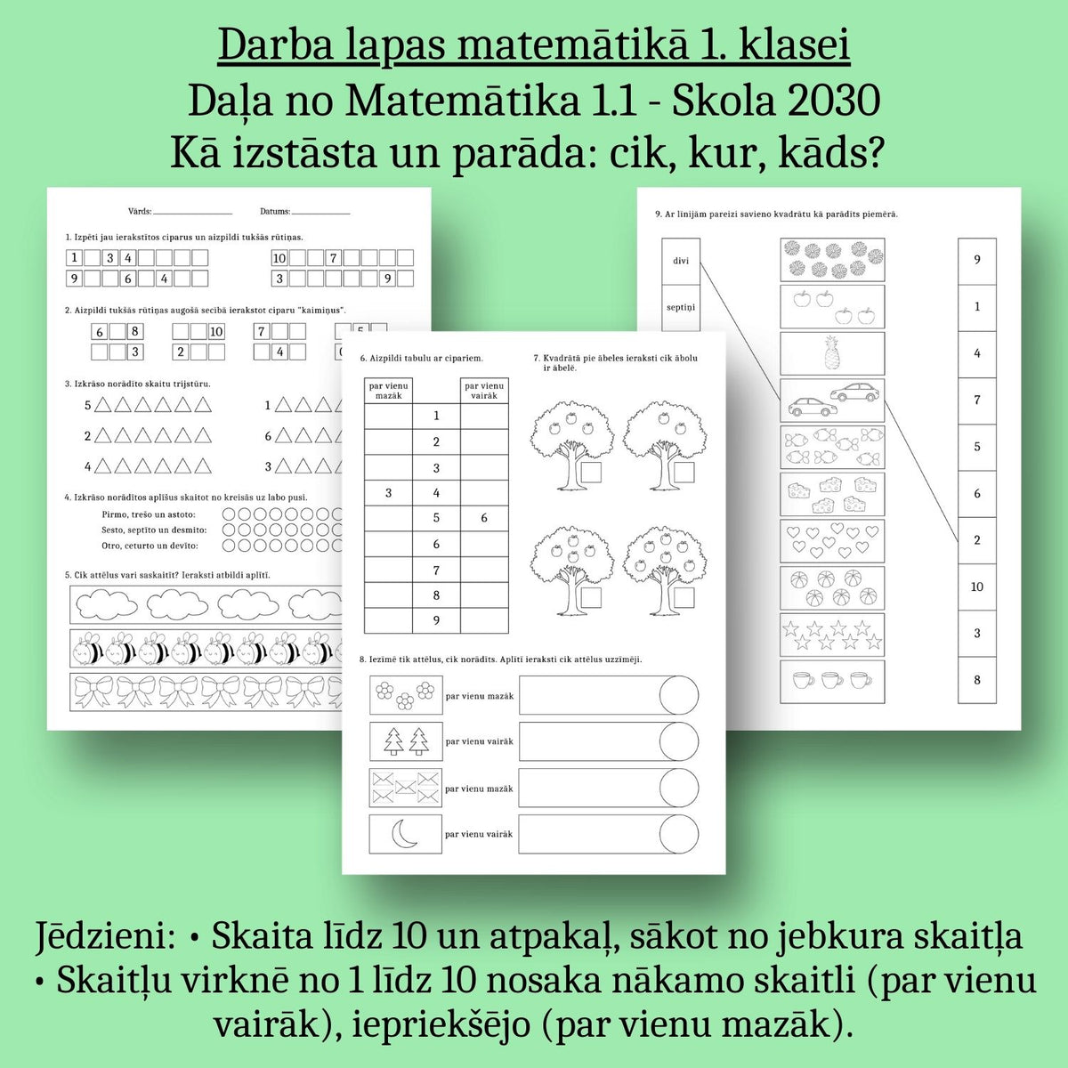Darba lapas: Matemātika 1.1 - Skaitām 10 apmērā, par vienu vairāk un mazāk