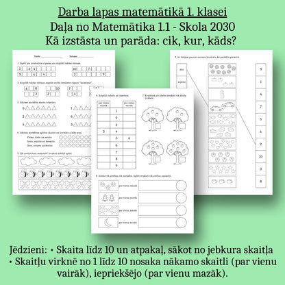 Darba lapas: Matemātika 1.1 - Skaitām 10 apmērā, par vienu vairāk un mazāk