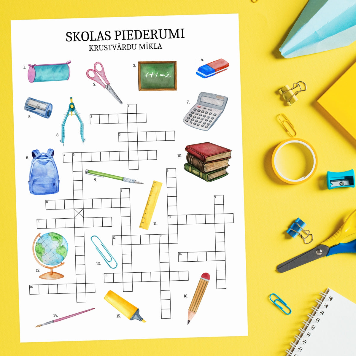 Drukāta krustvārdu mīkla par skolas piederumiem ar attēliem vārdu krājuma papildināšanai