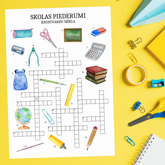 Drukāta krustvārdu mīkla par skolas piederumiem ar attēliem vārdu krājuma papildināšanai