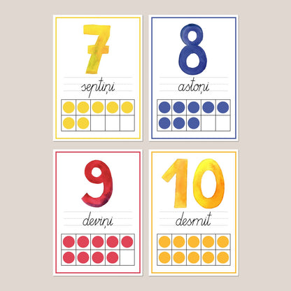 Telpas noformējums ar krāsainiem ciparu plakātiem 1–10