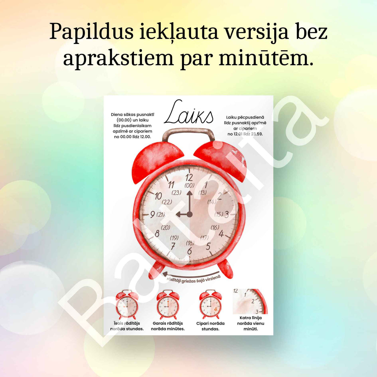 Vizuāls mācību materiāls par laiku, drukāta pulksteņa shēma klases sienai.